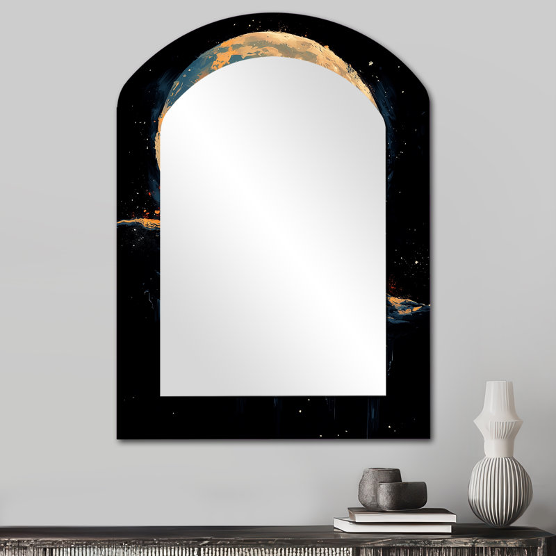 Appolo Astronault Playing Guitar On The Moon - Space Asymmetrical Unique Wall Mirror Decor, Orange Arch Large Mirror, Printed Metal Art