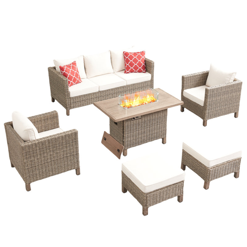 6-piece Outdoor Wicker Patio Conversation Furniture Set With Fire Pit Table, Beige