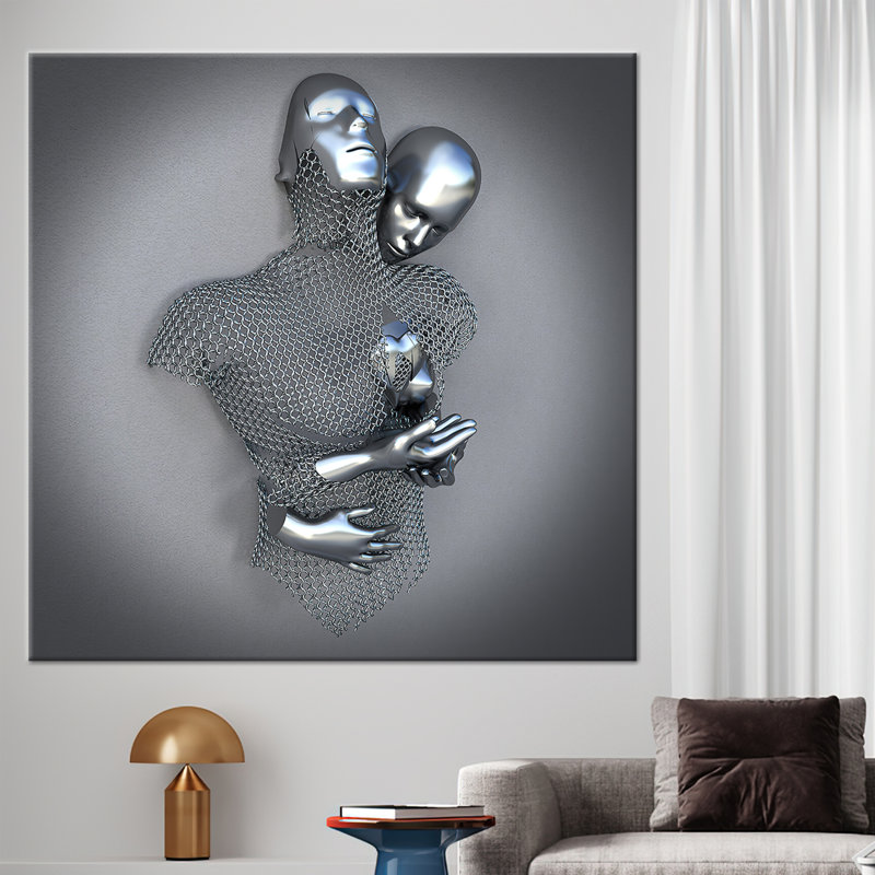 Art sur toile métallique 3D représentant une représentation abstraite sensuelle d'un couple qui s'étreint, H 47 po x l 47 po