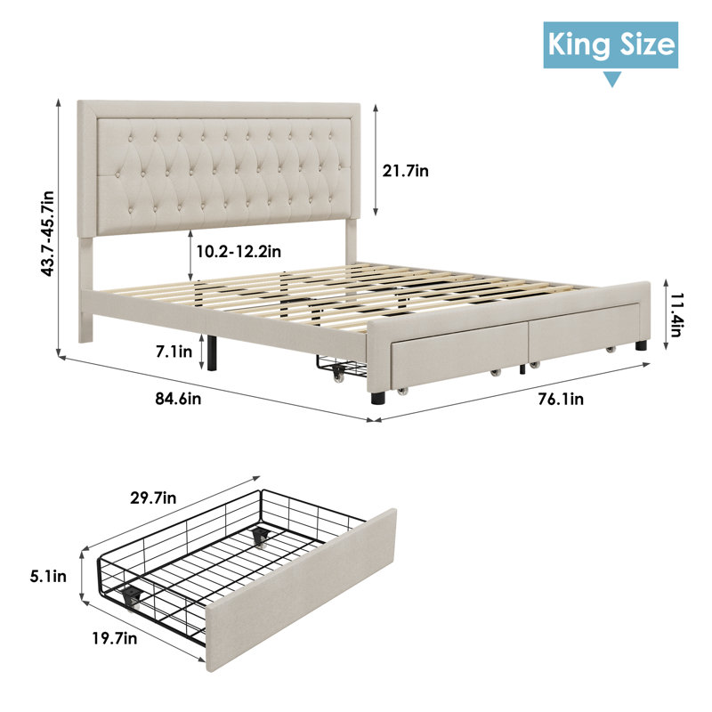 Emanuell Linen Upholstered Platform Bed with 2 Drawers, Storage Bed Frame With Tufted & Height-Adjustable Headboard, King