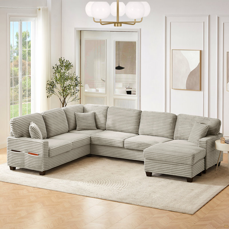 Canapé modulaire en forme de U Canapé modulaire rembourré en L de 125,2 po avec repose-pieds mobile et poches de rangement latérales