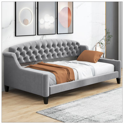 Lit de jour moderne à boutons capitonnés de luxe, simple avec structure en contreplaqué durable et conception multifonctionnelle pour une utilisation polyvalente à la maison