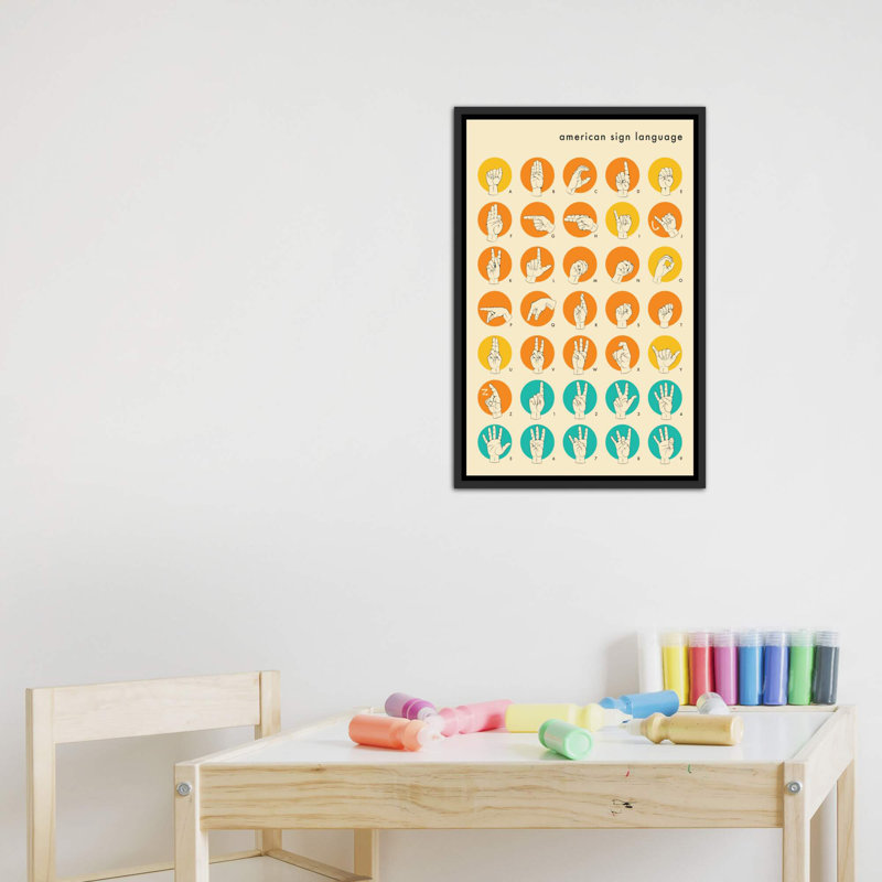 Décoration murale alphabet pour enfants en langue des signes, H 26 po x l 18 po x 1,5 po, Toile avec cadre noir patiné