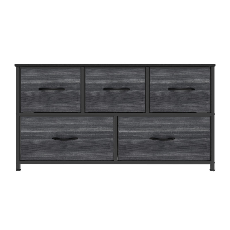 Commode de rangement avec 5 tiroirs de 2 tailles différentes, Grain de bois noir