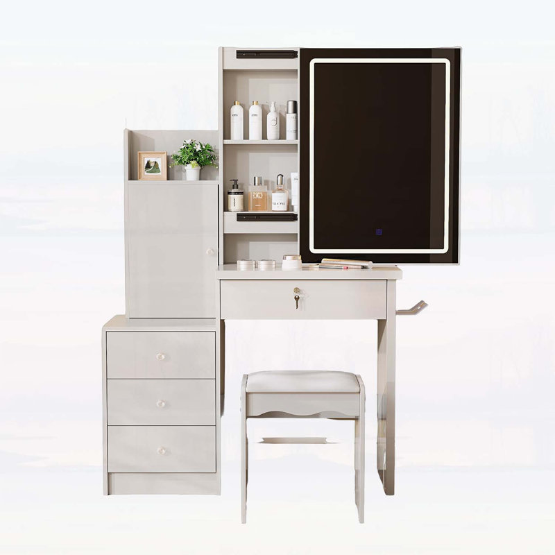 Ensemble de coiffeuse avec miroir lumineux coulissant, coiffeuse à maquillage avec 4 tiroirs, 9 espaces de rangement et tabouret rembourré, idéal pour les routines modernes de beauté