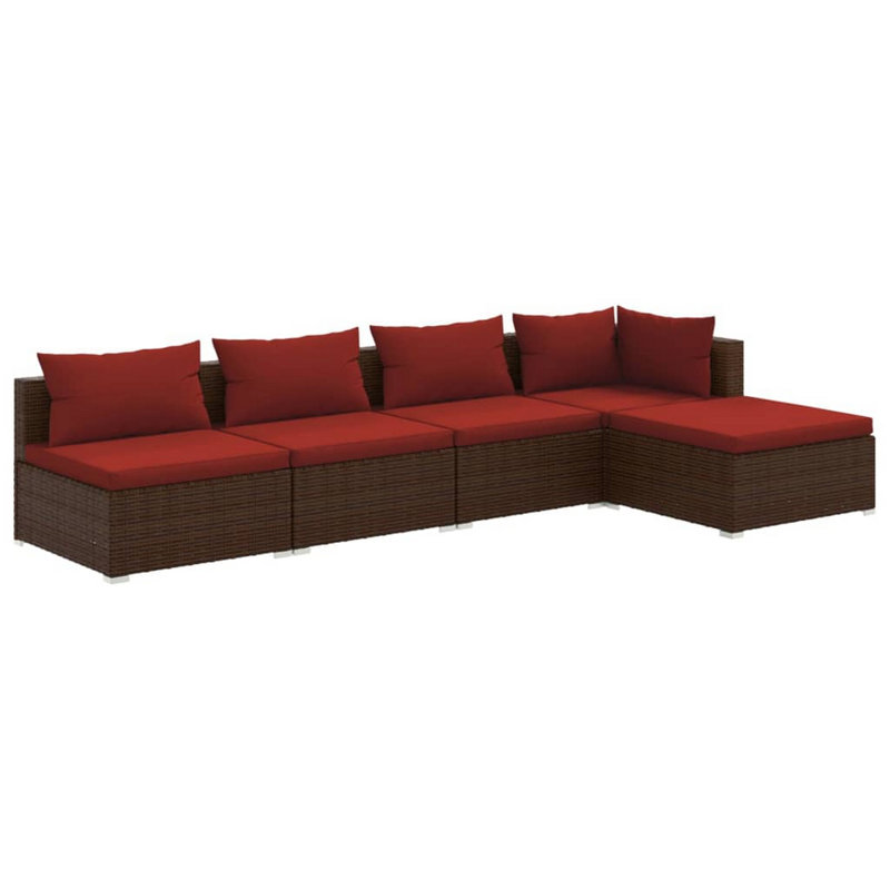 Ensemble de canapé modulaire d'extérieur 5 pièces, coussins rouges, rotin brun