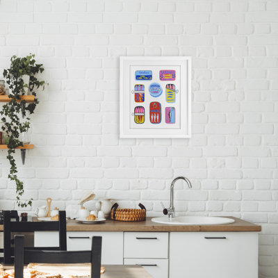 Bright & Pastel Sardine Tins Framed Print Under Glass, design by Bex Morley Design