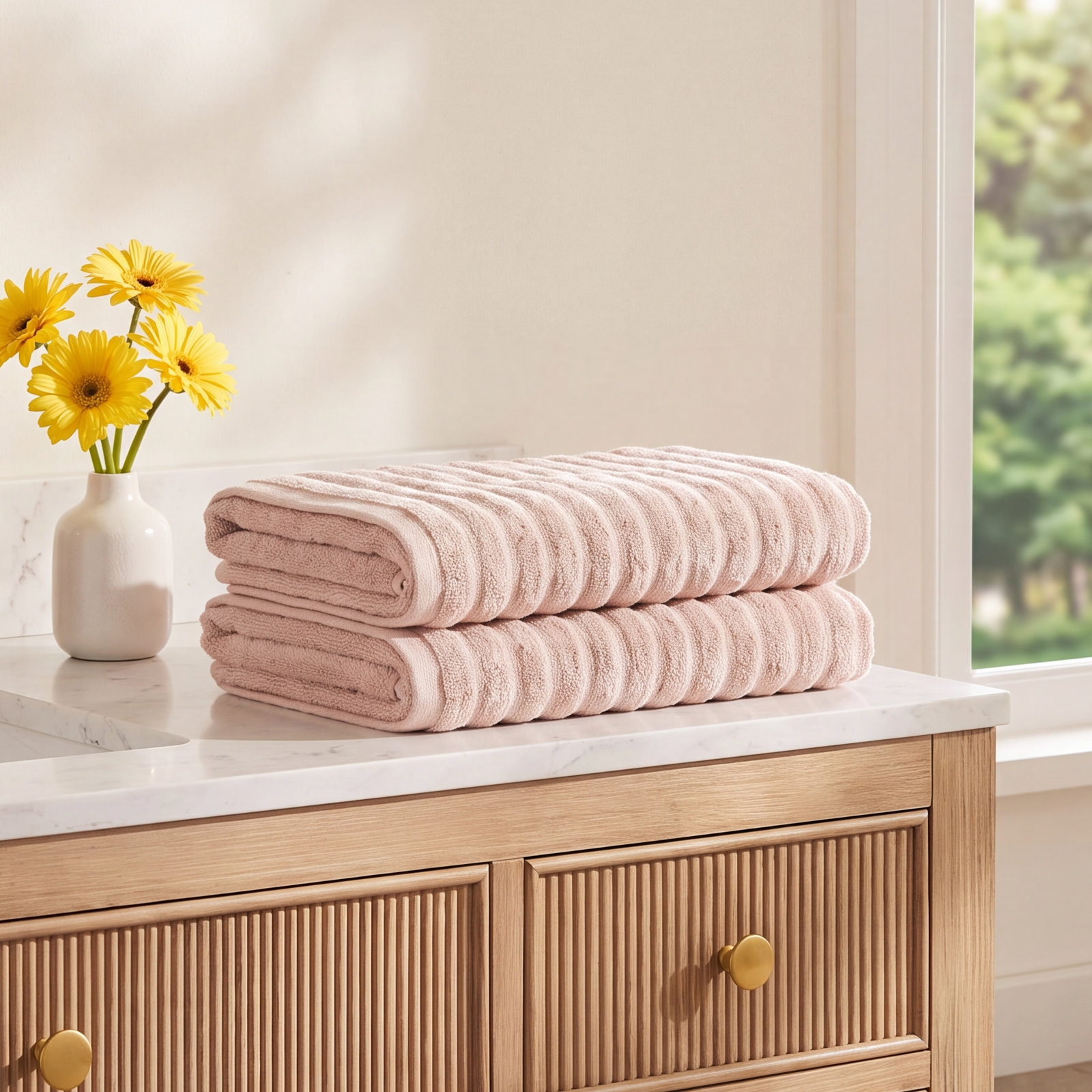 Crete Striped Cotton Bath Towels, Blush