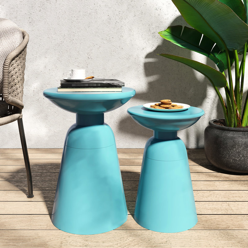 Paire de tables d'appoint en fer sarcelle, thermolaquées, 15 po x 15 po x 20,64 po et 12 po x 12 po x 17,25 po, avec piédestal moderne pour l'extérieur et la zone évasée, patio près de la piscine