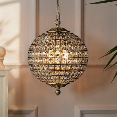 2-Light W12 in. Warm Brass Globe Chandelier Small Crystal Vintage Chandelier Cage-Style Shade Pendant Light for Kitchen Island Sphere Chandelier for Bedoom