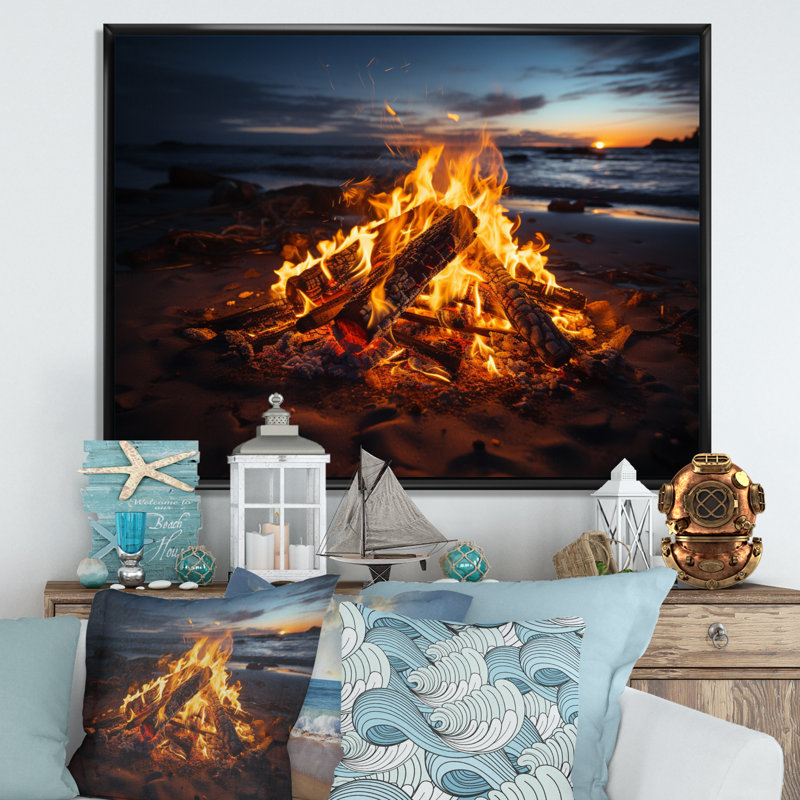 «Alvaretta Coastal Beachside Bonfire I», reproduction sur toile, H 12 po x l 20 po x P 1 po, Cadre flottant noir