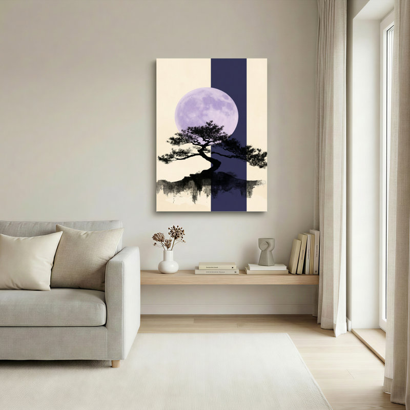 Ensemble de 1 tableau sur toile représentant la silhouette de la lune et d'un pin, H 24 po x l 16 po
