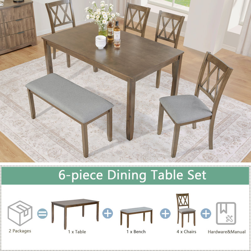 Ensemble de table de salle à manger 6 pièces rectangulaire en bois d'acacia, table de salle à manger élégante avec 4 chaises de coussin et 1 banc rembourré, ensemble de table moderne avec dossier en croix classique pour la salle à manger et la cuis