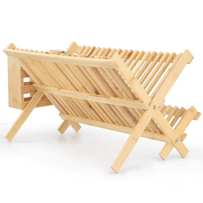 Égouttoir à vaisselle pliant à 2 niveaux avec panier à ustensiles en bambou