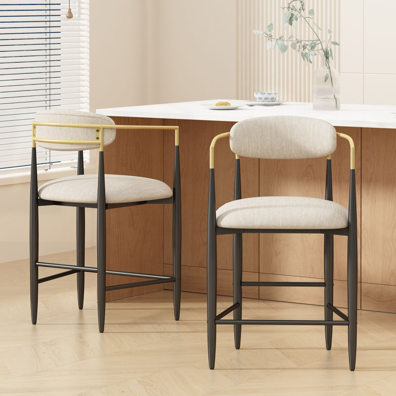 Amen Upholstered Bar Stools, Beige Fabric/Black Base, Counter Stool (25." Seat Height)