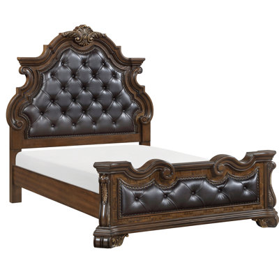 Queen Size Traditional Bed Frame With Dark Brown Finish, Faux Leather Upholstered Headboard, , Intricate Carvings, Gold Detailing, Button Tufting, Nailhead Trim Antique Luxury