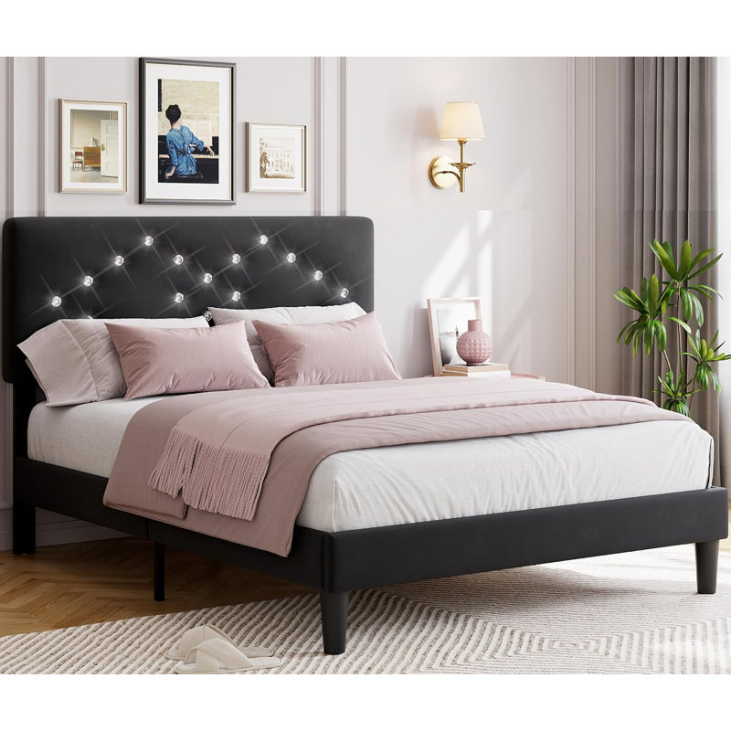 Queen Upholstered Platform Bed with Button Tufted Headboard, Storage, Black, Queen, Black