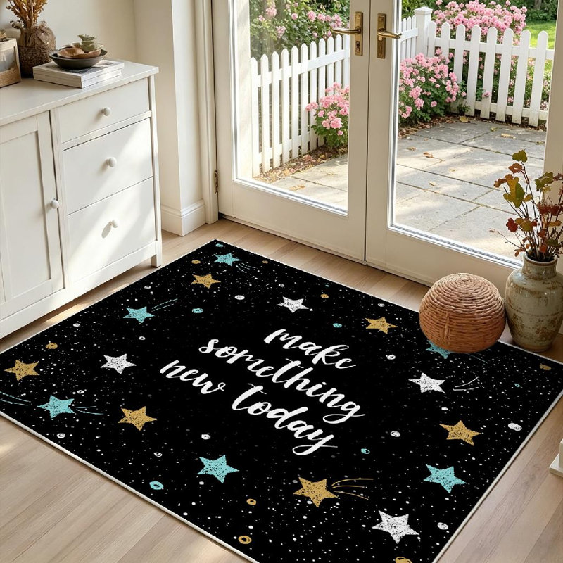 Tapis d'intérieur noir lavable à la machine, avec lettrage et gribouillis., Rectangle 55 po x 79 po