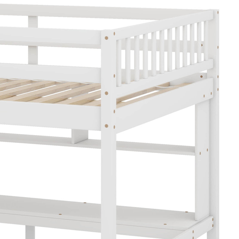 Lit mezzanine double - Bureau, tablettes de rangement et escalier inclus, Blanc