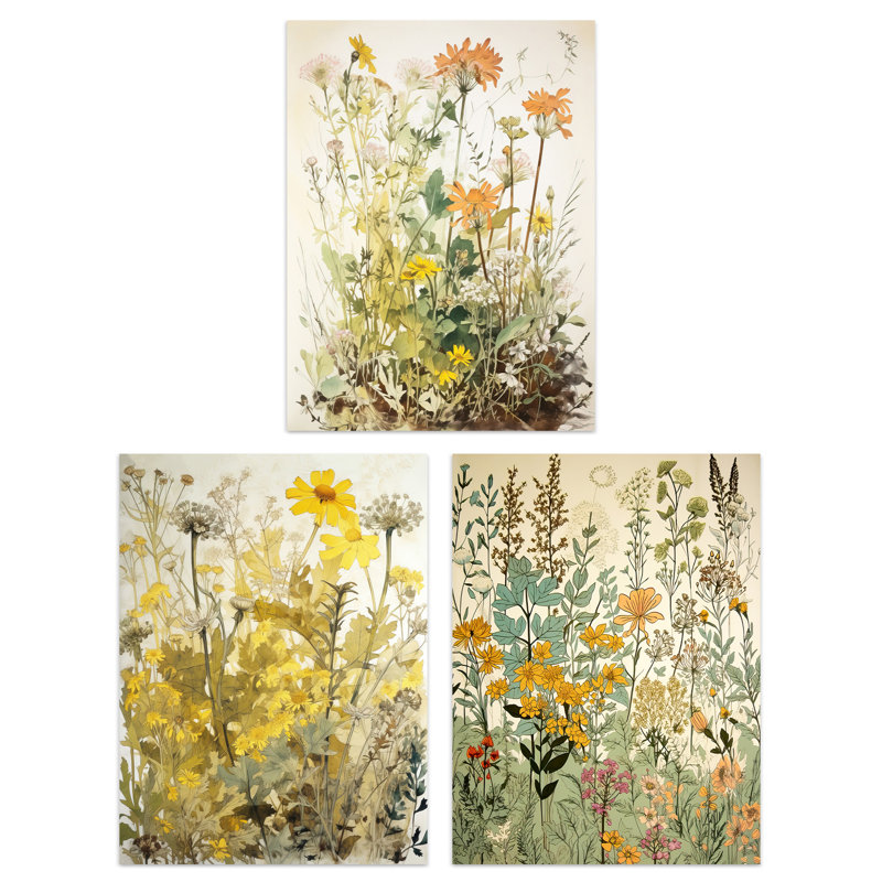 Wildflowers Vintage Pastel Floral Yellow Pink Teal Flower - 3 Piece No Frame Print Set, 29.7cm H x 21cm W x 0.4cm D