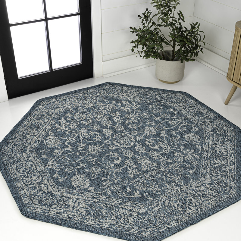 Leonora Bohemian Textured Weave Floral Teal/Gray Indoor/Outdoor Rug, Octagon 5'3"