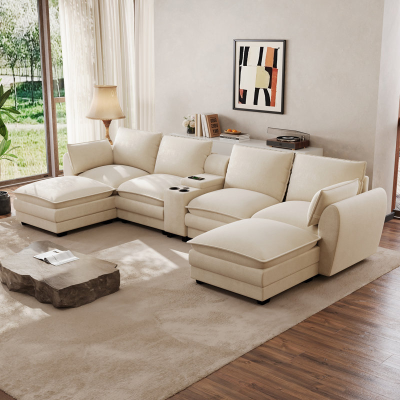 Canapé modulaire en chenille de 145 po en U avec console et porte-gobelets, Beige, En forme U