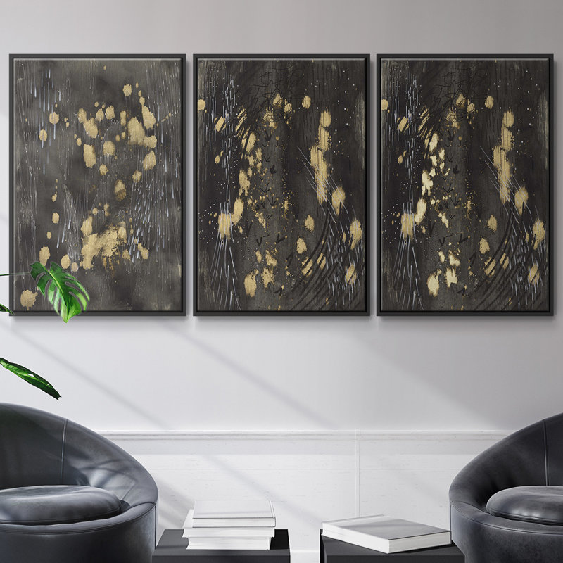 Cosmic Downpour - Ensemble de 3 cadres flottants sur toile, Cadre flottant noir, H 27 po x l 54 po