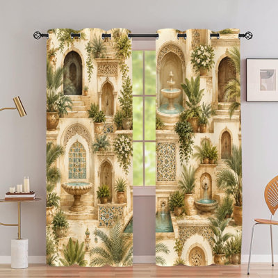2 pièces de rideaux occultants avec œillets à motif de fontaine de jardin marocain, motif de paysage exotique élégant, rideaux de fenêtre en polyester, isolation thermique, réduction du bruit et protection de la vie privée, décoration intérieure élégante pour la chambre à coucher, le salon, la cuisine