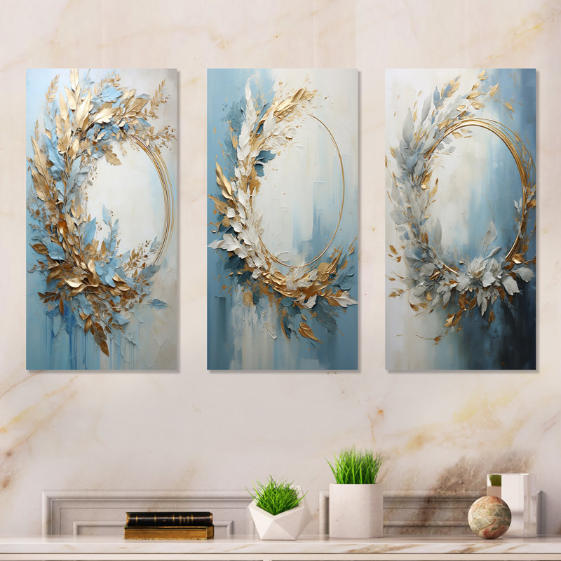 Blue And Gold  Flower -  Metal Wall Decor Set Of 3, 28" H x 36" W