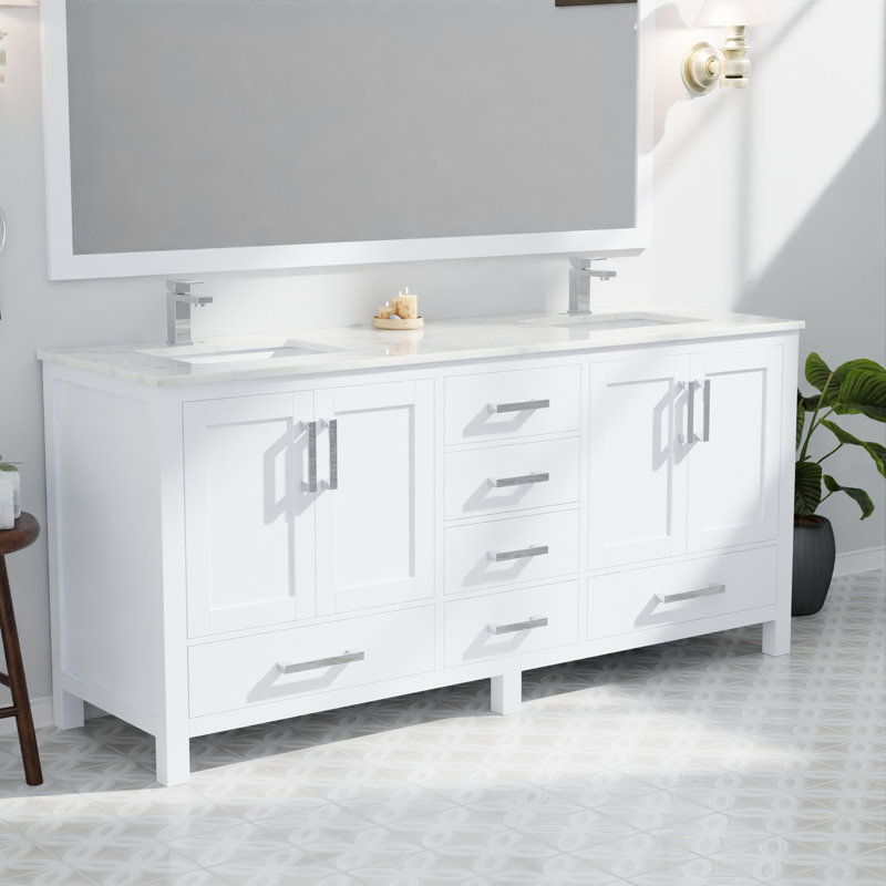Ensemble de meuble-lavabo double avec plateau en marbre et robinet, Blanc