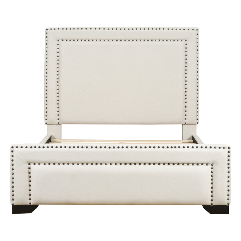 Shreve Queen Size Upholstered Platform Bed with Taller Headboard, Beige