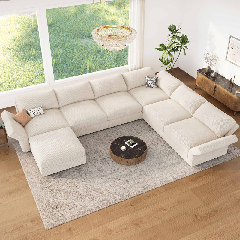 Bouley Corner Corduroy Sectional U-shaped Modular Sofa, Beige Corduroy