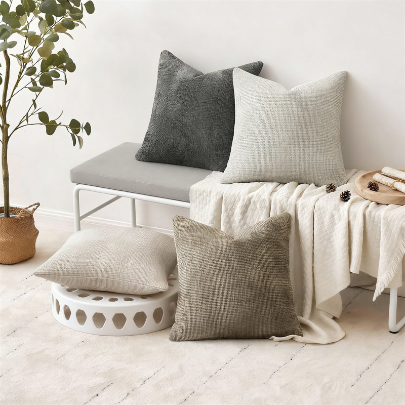 Set Of 4 20X20 Inch Neutral Chenille Throw Pillow Covers, Mid Century Modern Farmhouse Accent, Neutral