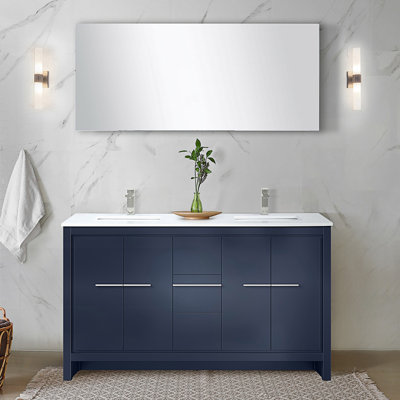 Double Bath Vanity With White Quartz Top, Brushed Nickel Faucet Set And 55 In. Mirror