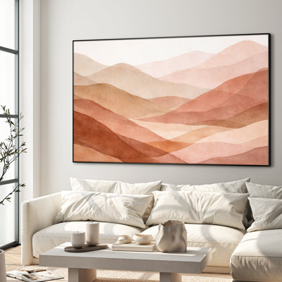 Très grand reproduction d'art sur tissu mural - Paysage de montagne en terre cuite chaude en rosé et beige pour la chambre à coucher - «Assemblage requis du cadre (cadre non fini)»