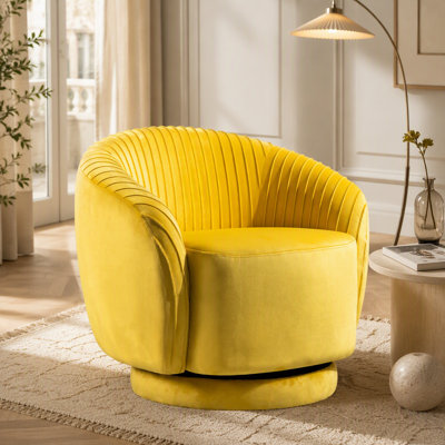 Fauteuil demi-tonneau pivotant en velours 364 degrés, fauteuil d'appoint moderne plissé avec base robuste et coussin rembourré épais, fauteuil de loisir pour salon, chambre à coucher, bureau, chambre d'hôtel