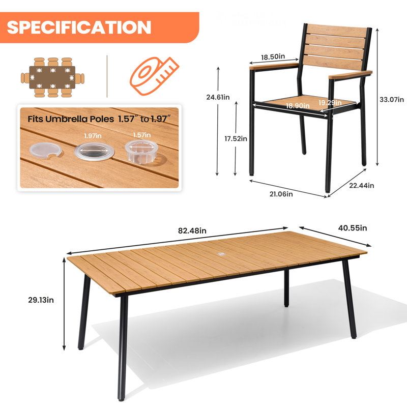 Cyanni 8 - Person 82.5'' L Aluminum Outdoor Dining Set with Stacking Chairs and Umbrella Hole, Brown