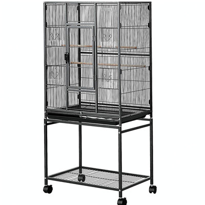 Bird Cage, 24.6 x 16.7 x 53.9 inch, Flat Top, Wrought Iron Bird Flight Cage with Perches, Slide-Out Tray and Plastic Feeders, Casters, for Parrot, Blue Tit, Cockatiel, Canary, Budgerigar, Conure