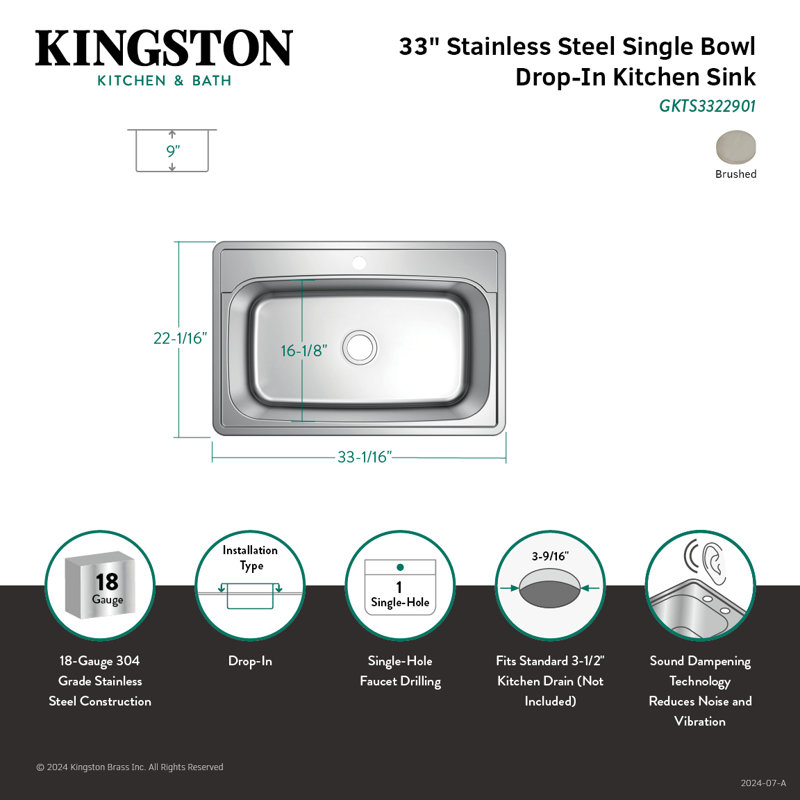 Kingston Brass Studio 33-Inch Stainless Steel Self-Rimming 1-Hole Single Bowl Drop-In Kitchen Sink