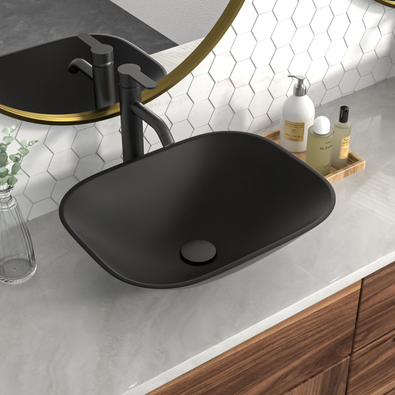 Mocoloo 18"L x 14"W Glass Bathroom Vessel Sink Matte Black Tempered Glass Bathroom Sink with Faucet, Matte Black, 18"L x 14"W