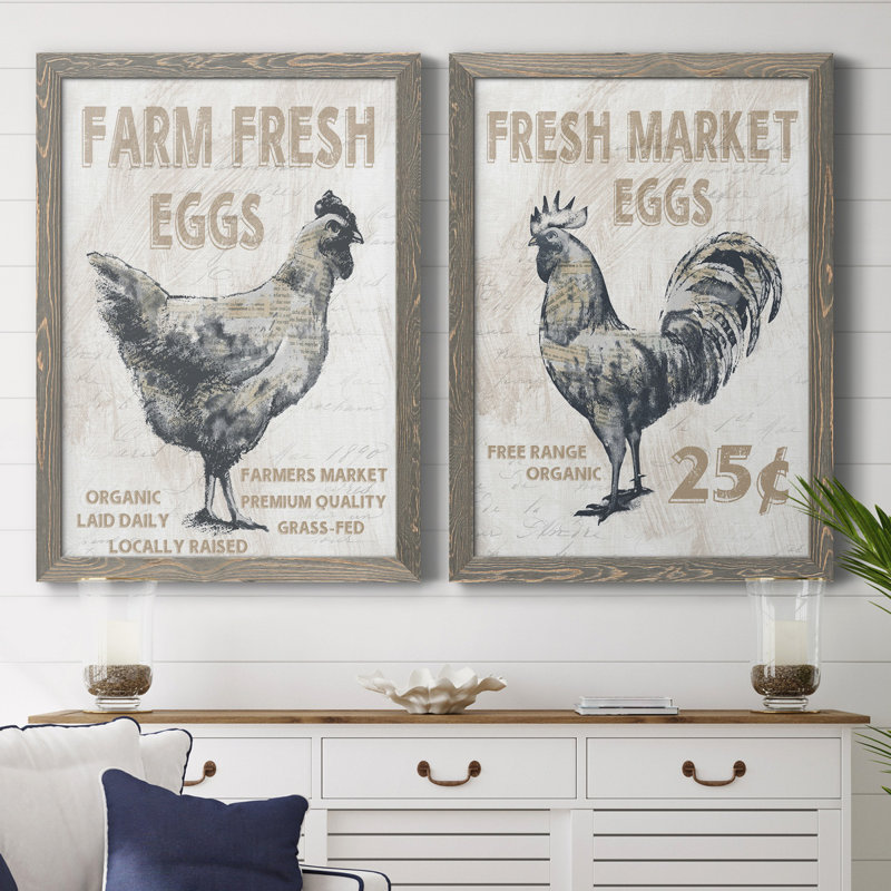 Farm Fresh Chicken - ensemble de 2 reproductions, H 31,5 po x l 47 po x P 1,5 po, Toile avec cadre gris, Pas de tapis