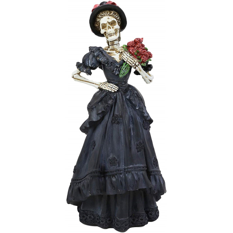 DOD squelette, mariée, robe noire et fleur rouge