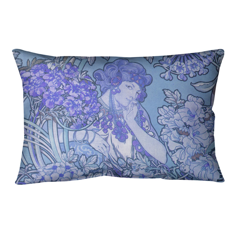 Coussin lombaire à fleurs alphonse mucha, 20 po x 14 po, Bourre en polyester, Bleu