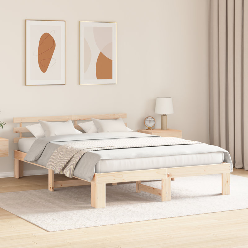Bed Frame with Headboard Solid Pine Wood, European Double (140 x 200 cm), Natural