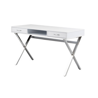 47" White and Silver Wood and Metal Computer Desk With Two Drawers