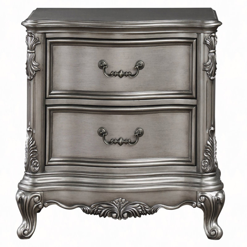 Table de chevet, table de chevet 2 tiroirs platine antique