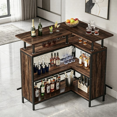 L-Shaped Home Bar Unit With Storage, Corner Bar Table With Wine Glass Holder For 12 Glasses, Liquor Cabinet With Shelves & Footrest