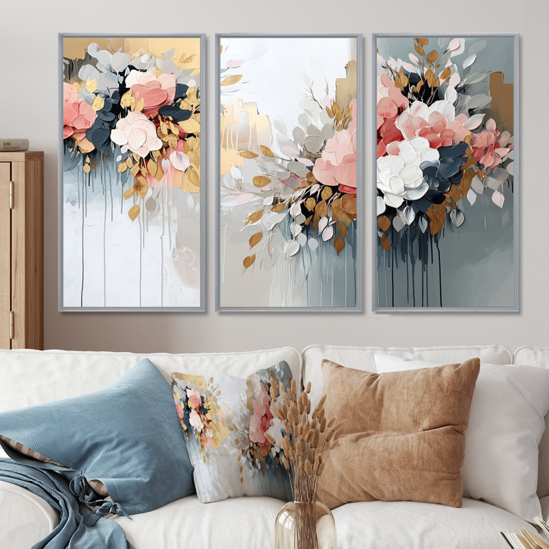 Ensemble de décorations murales VI, Toile argentée avec cadre flottant, H 28 po x l 36 po x P 1 po