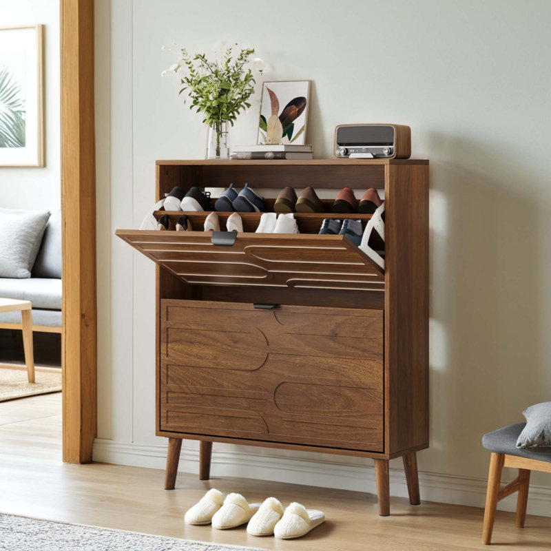 Medieval Modern Independent Shoe Cabinet, 31.5-inch Walnut Shoe Storage Cabinet, Fence Shoe Cabinet with 2 Flip Drawers