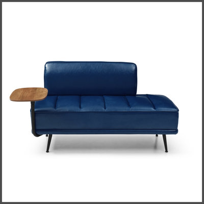 Banc de lit moderne de 140 cm de large, revêtu de similicuir bleu, avec table d'appoint, plateau pivotant à 360°, pouf d'entrée, banc de fenêtre avec pieds en métal pour chambre ou salon.